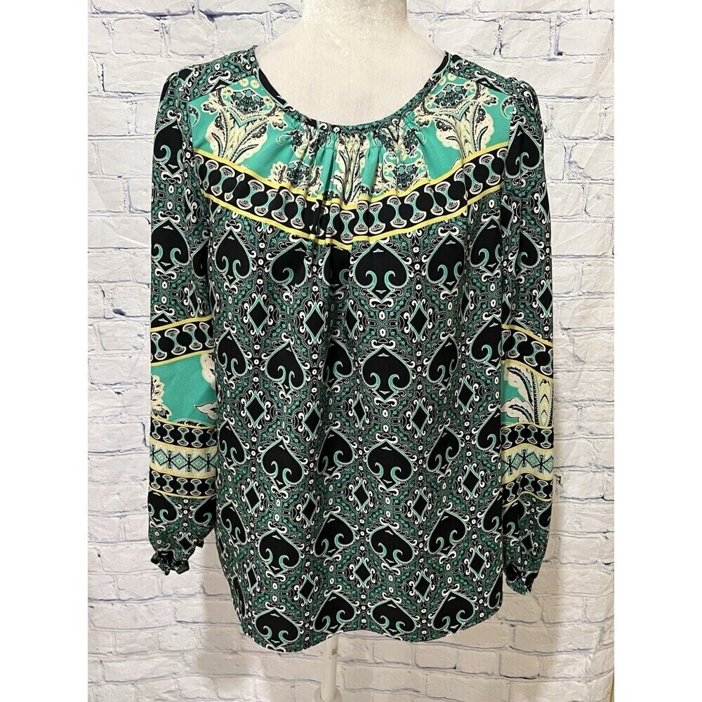 Ann Taylor Loft Garden Shirred Blouse Bohemian Green Exotic Top Size Large